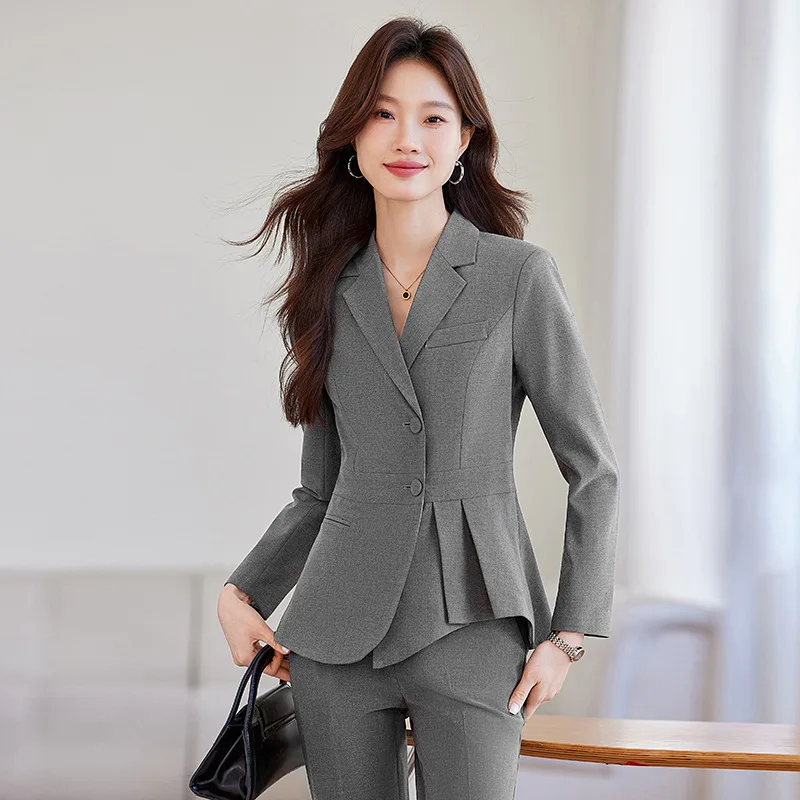

Серый женский костюм для весны и осени, новая высококачественная профессиональная одежда, элегантный деловой наряд, форма для менеджеров отелей.
