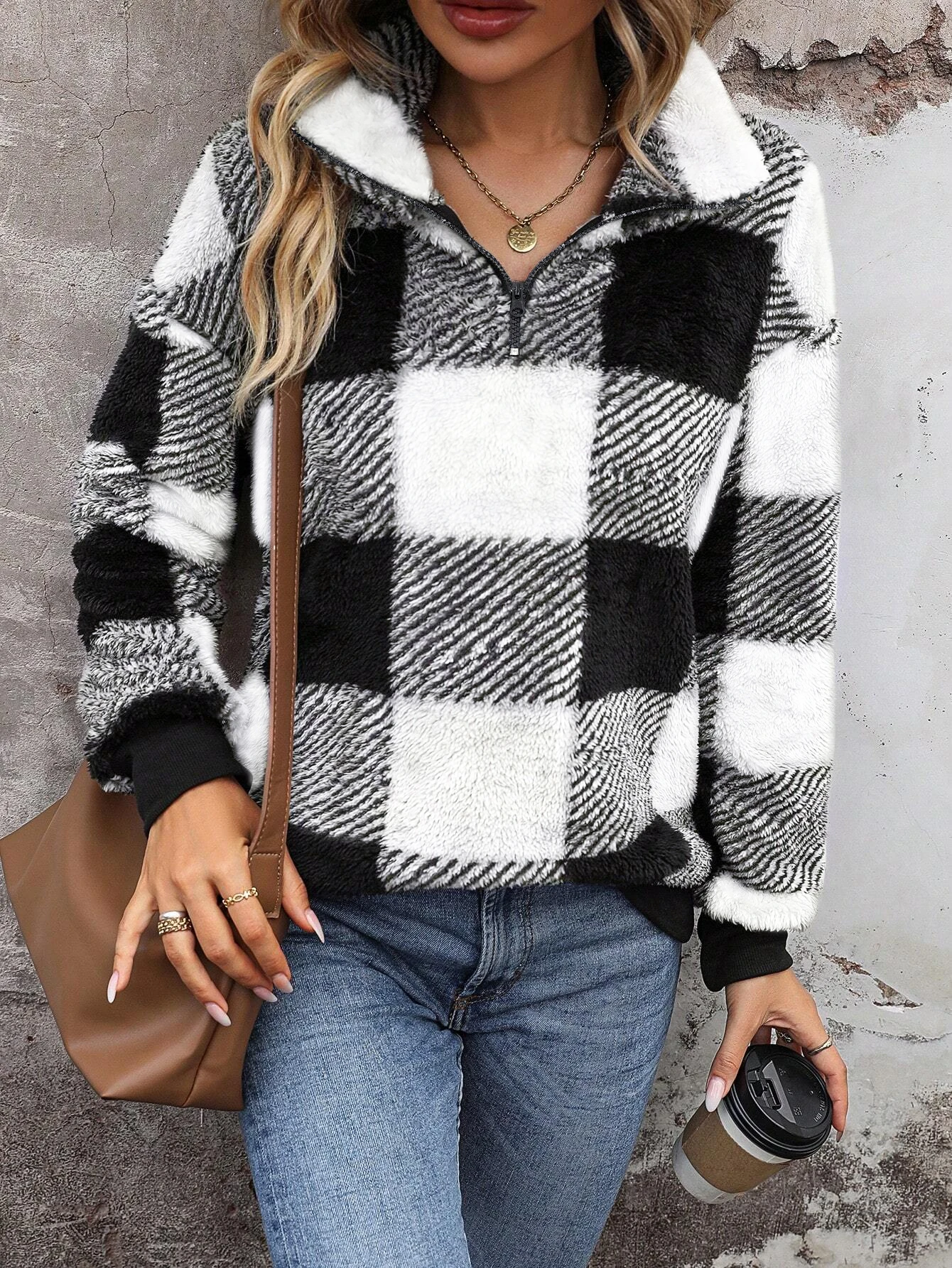 Damen-Sweatshirt mit Karomuster, halbem Reißverschluss und tiefer Schulterpartie, lässiger Langarm-Pullover mit Kragen für Herbst und Winter
