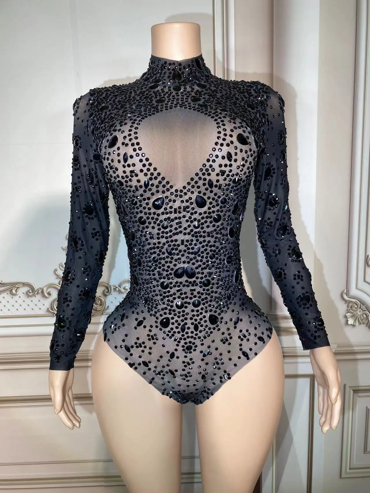 

Women Sexy Stage Rhinstones Evening Celebrate Birthday Club Singer Dancer Performance Transparent Mesh Host Jumpsuit