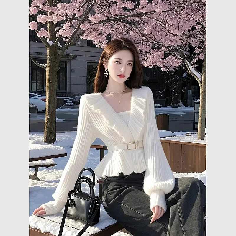 Französisches kleines duftendes Wind-Strickoberteil für Damen, Oberbekleidung, Herbst-Winter, süße Taille, schlank, weich, wachsartig, gefälschte Nerzhaare, gefälschte zwei Pullover