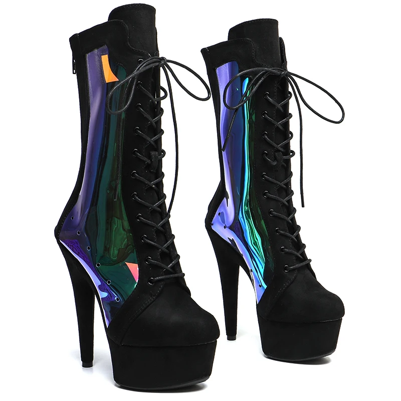 Leecabe 15CM/6inches Suede With holography Clear TPU  Trend fashion exotic  High Heel platform stripper heelPole Dance booties