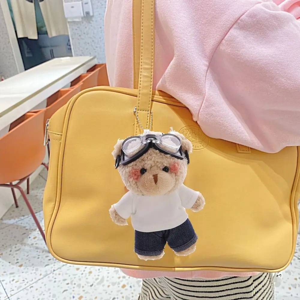 Lovely With Glasses Pilot Bear Keychain White T-shirt Jeans Plush Doll Keychain Stuffed Cute Bear Doll Bag Pendant Car Keyring