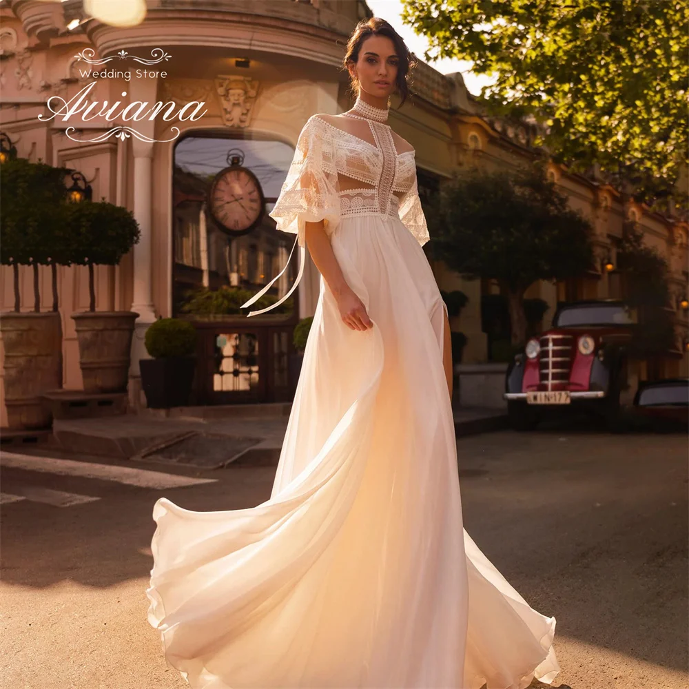 Aviana Customized Lace Embroidery Half Flare Sleeve A-line Wedding Dress O-Neck Floor Length Elegant Charming Design Backless