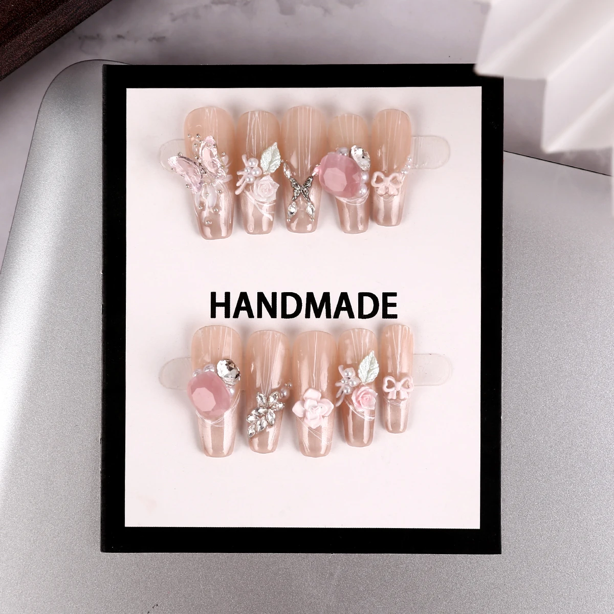 10-piece long trapezoidal set of beautiful girl's false nails, durable and secure ，press on nails ,nail stickers