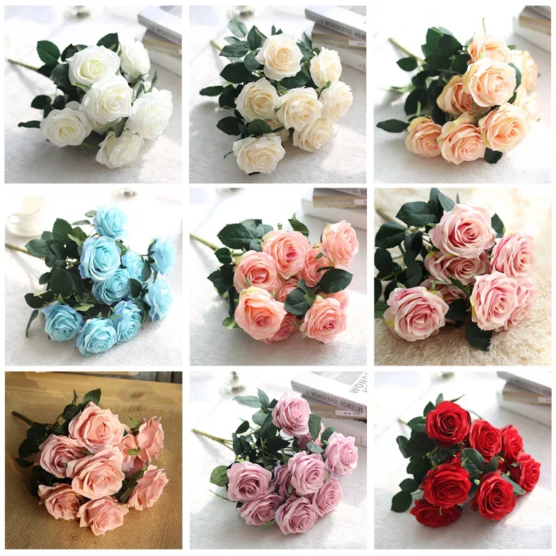 10 Heads High Quality Rose Artificial Flower DIY Wedding Floral Arrangement Material Silk Bridal Bouquet Home Decor Photo Props