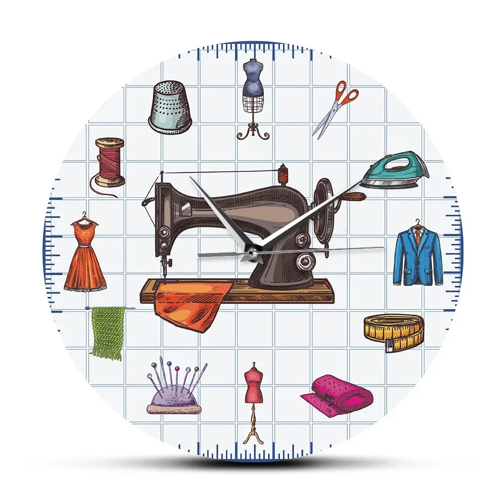Vintage Sewing Machine Theme Wall Clock Silent Quartz Movement for Tailor Dressmaker Craft Room Decor Seamstress Quilter Hobbyis