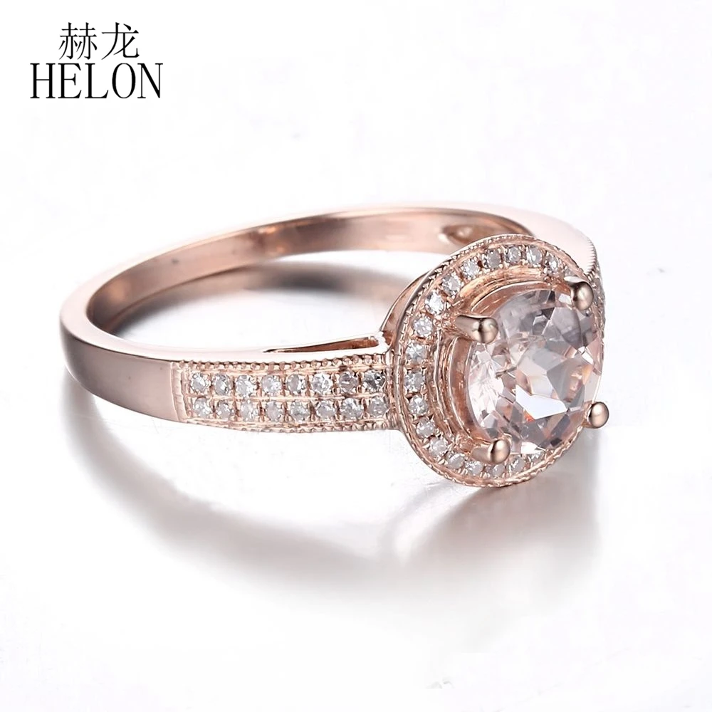 HELON Solid 14K Rose Gold Flawless Round 6.5mm Genuine Morganite Diamonds Halo Engagement Ring Women Anniversary Jewelry Gift