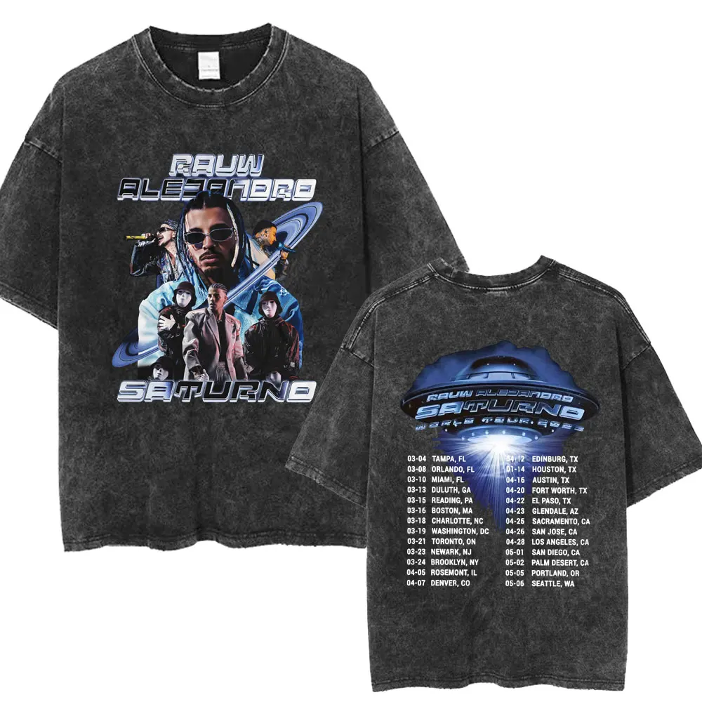 Rauw Alejandro Saturno World Tour Washed T Shirt Men\'s Fashion Hip Hop Popular Oversized Casual Tee Shirt Streetwear Fans Gift
