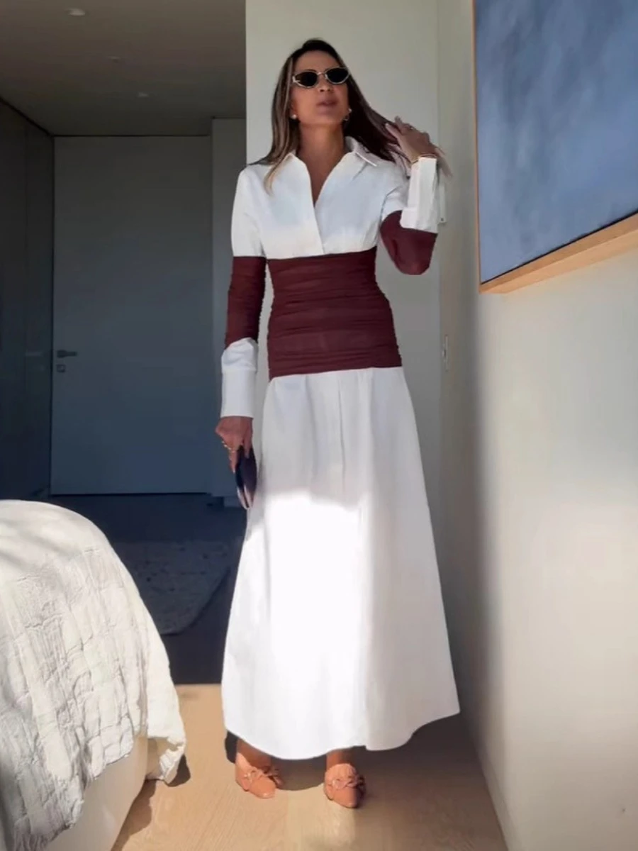 TWOTWINSTYLE Pendler Stil Split Maxi Kleid für Frauen Revers Langarm Patchwork Bandage Abnehmen Hemd Kleider Weibliche Mode