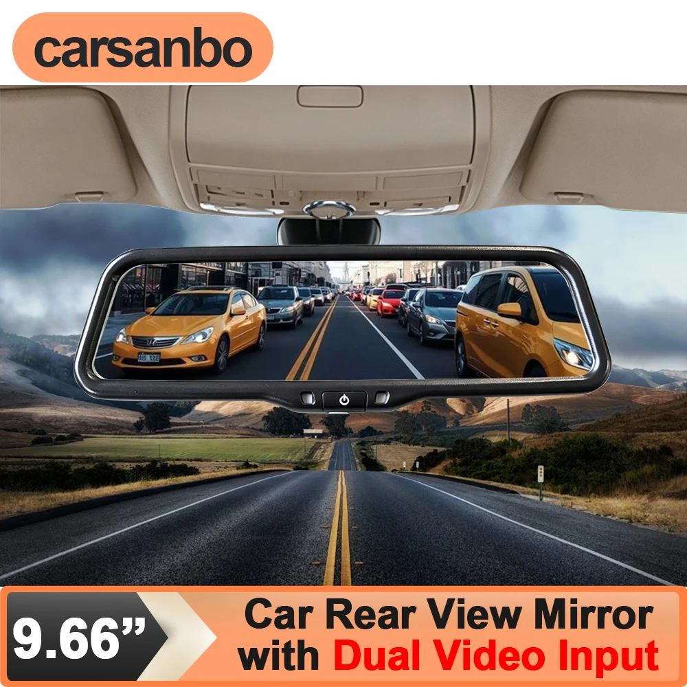 Carsanbo Universal HD 9.66 Inch IPS Full Screen Car Monitor Rear View Mirror with 2CH Video Input Image Adjust Support CVBS AHD