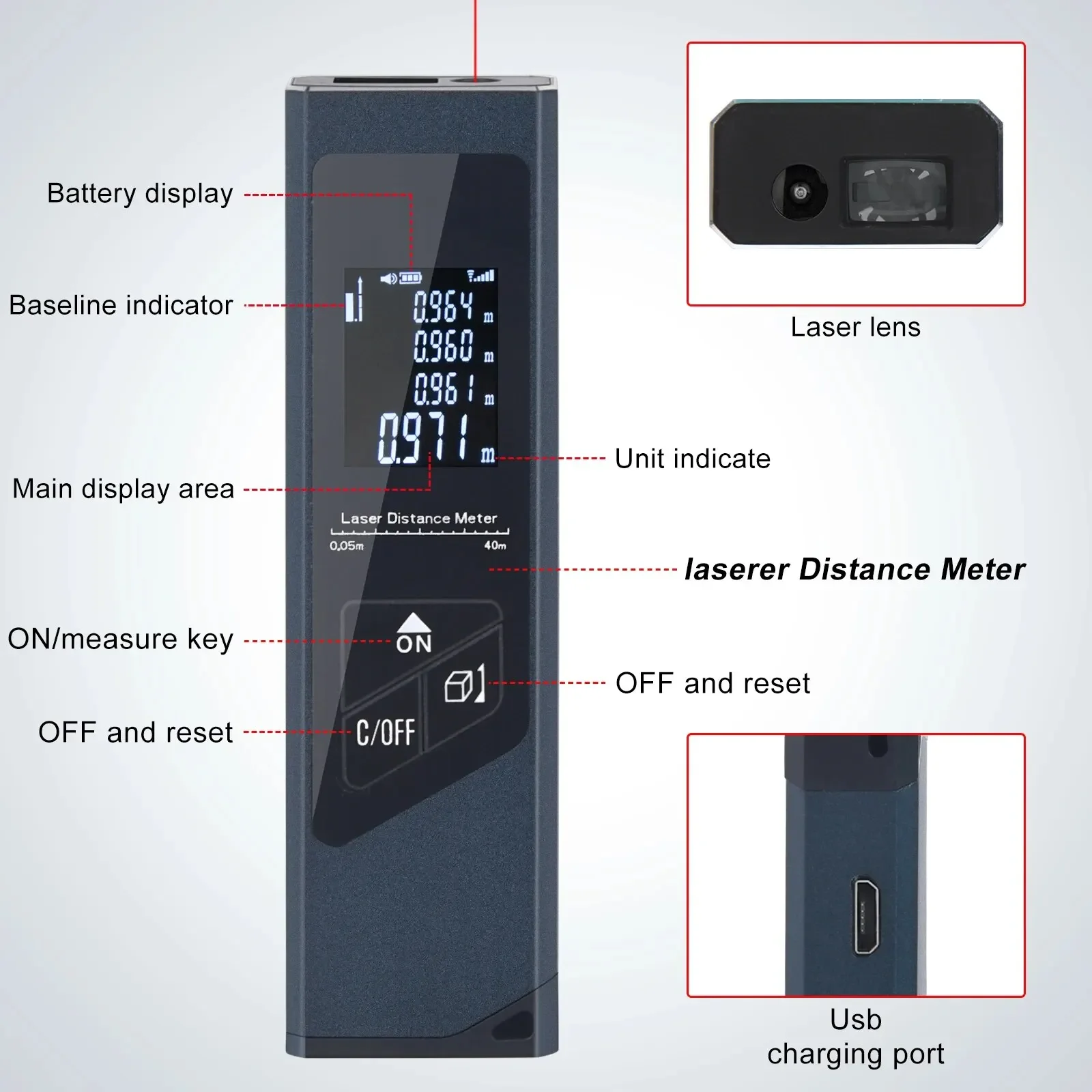 미니 레이저 거리계 디지털 줄자 레이저 눈금자, USB 충전, 알루미늄 합금 동체, 휴대용 디지털 레이저 거리 계량기