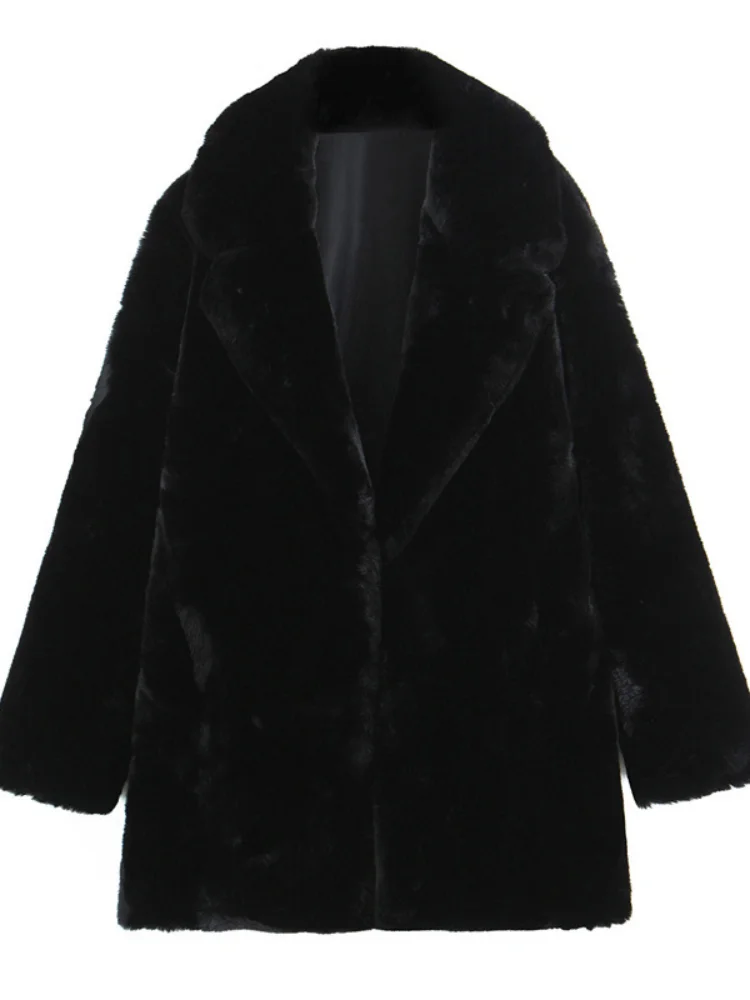 معطف نسائي أسود ذو طية صدر السترة من الفرو الصناعي موضة رقبة على شكل v وأكمام طويلة معاطف فضفاضة دافئة فروي 2026 ملابس خارجية للشتاء اليومي للتنقل #3