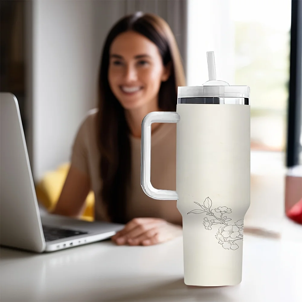 Elegant Watercolor White Flower Printed Portable Travel Tumbler with Handle And Reusable Straw for Daily Outdoor Use