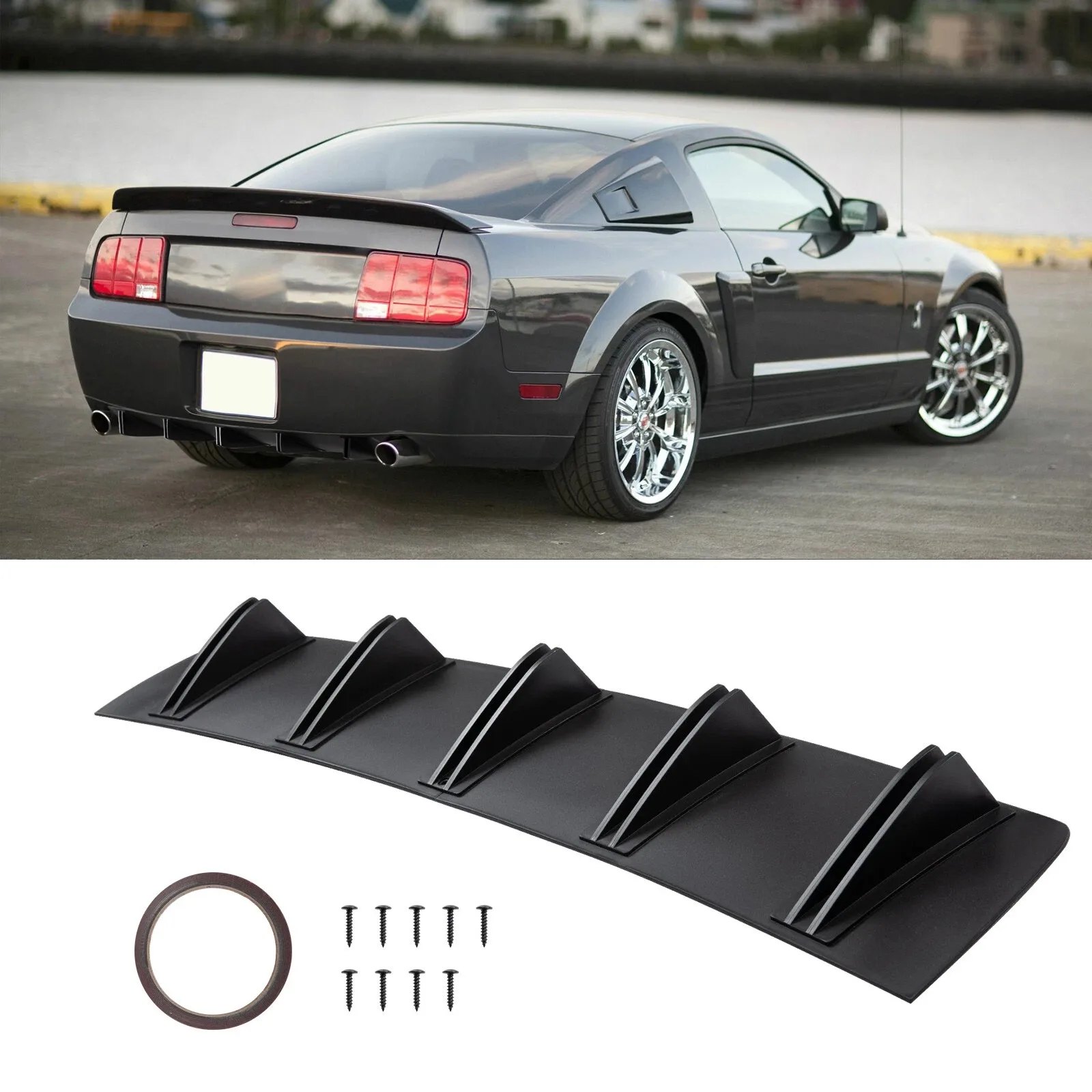 

For Ford Mustang GT Rear Lip Bumper Diffuser 10 Fin Wing Spoiler Matte Black