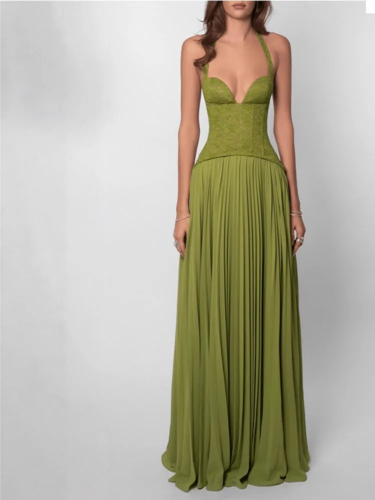 

Sexy Backless Halterneck Dress With Low Neck Exposed Breasts Pleated Back Lace-up Summer Women's New Fashion Long Dress Vestidos