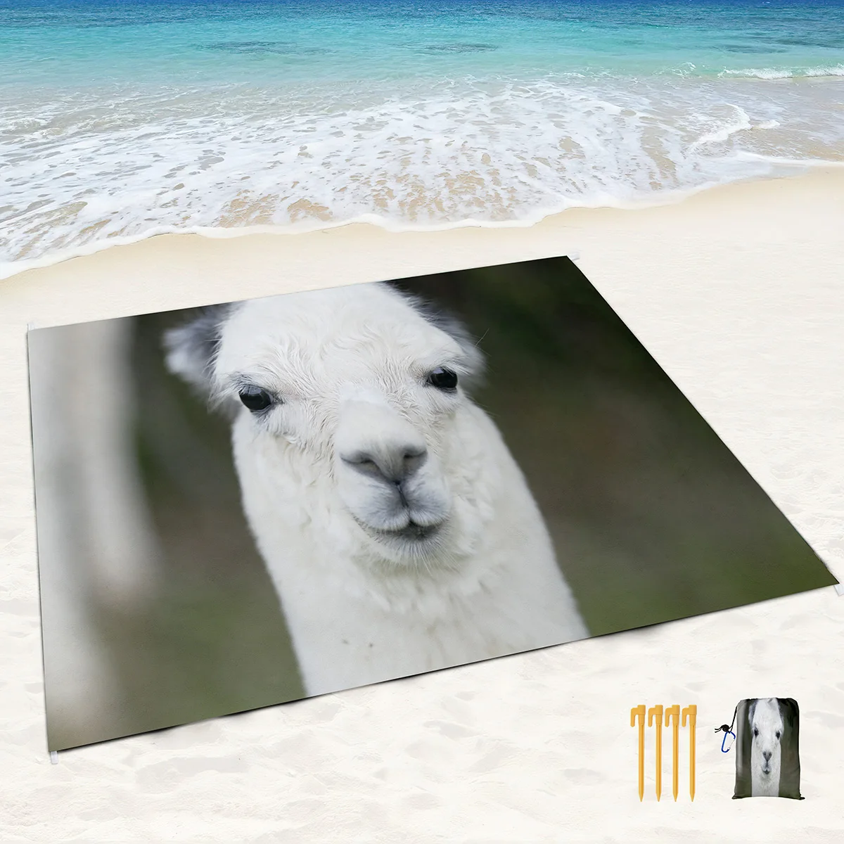 Beach Blanket Sandproof Waterproof Funny Cute Alpaca Beach Mat Quick Drying Beach for Vacation with 4 Stakes & Corner Pockets