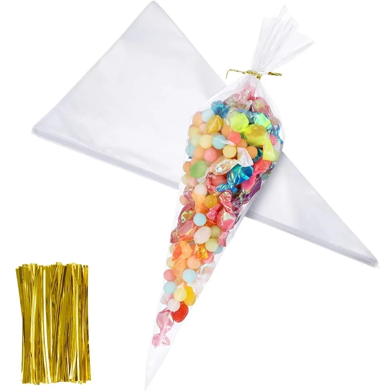 50Pcs Clear Cone Candy Bags Food Snack Packaging Plastic Bag With Ties Wedding Birthday Party Favors Decoration DIY Gift Bags