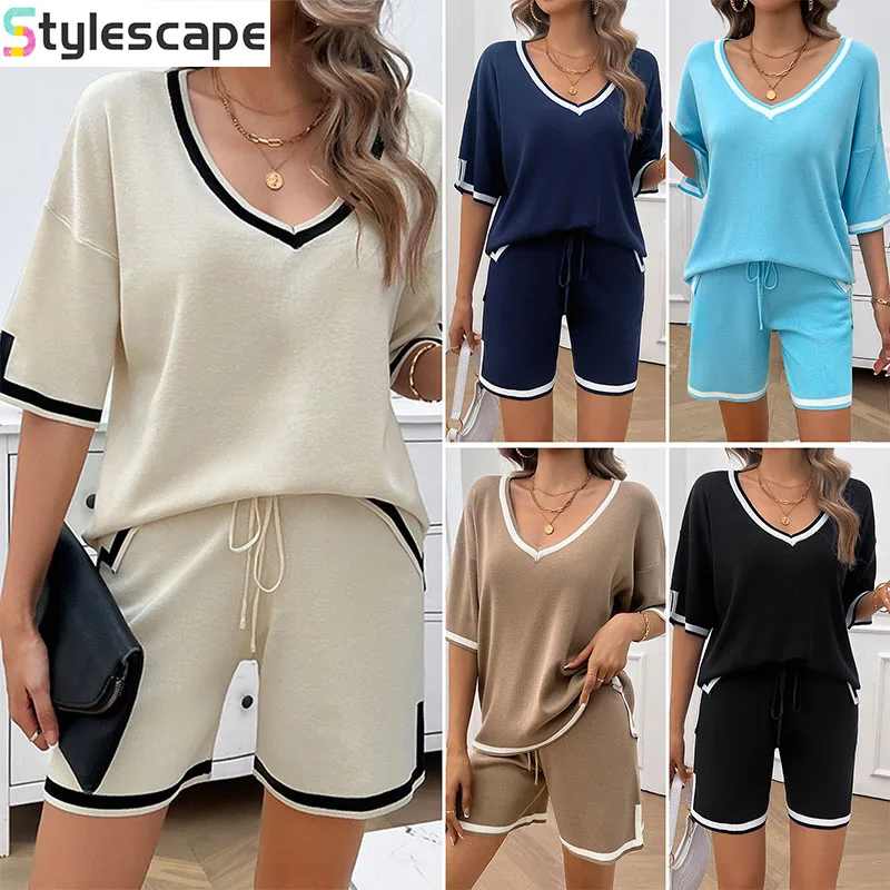 

2025 Spring/Summer Women's Knitted Casual Loose V-neck Sweater Shorts Two Piece Set Womens Outfits Luxurytwo Piece Set for Wome