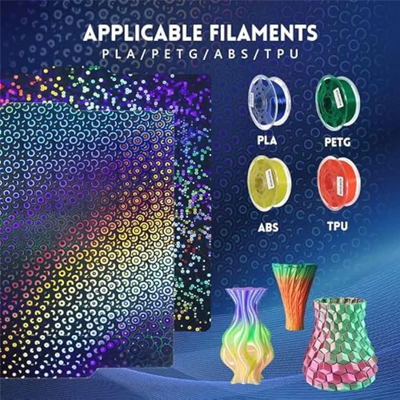 

Rainbow Circles+Kaleidoscope PEK Textured Sheet For Bambu Lab X1/X1C/X1E/P1P/P1S/A1, Flexible PEK Build Plate 257X257mm