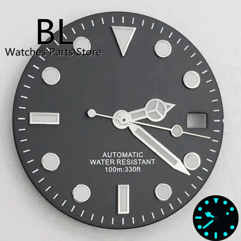 BLIGER 29mm Watch Dial Hand Set Black Blue Green Fit NH35 3135 Movement Blue Luminous Watch Part Accessories 3 O\'clock Crown