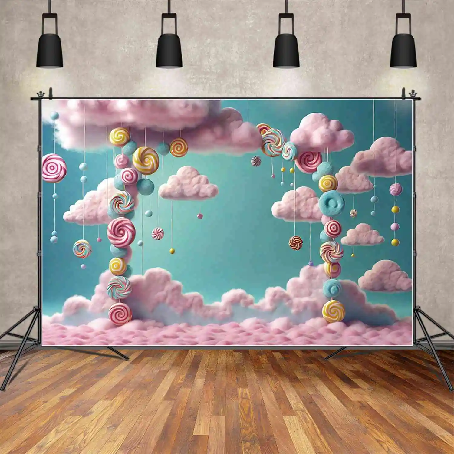 

MOON.QG Fairy Arch Birthday Background Baby Shower Lollipop Candyland Candy Floss Clouds Backdrop Custom Party Photocall Props