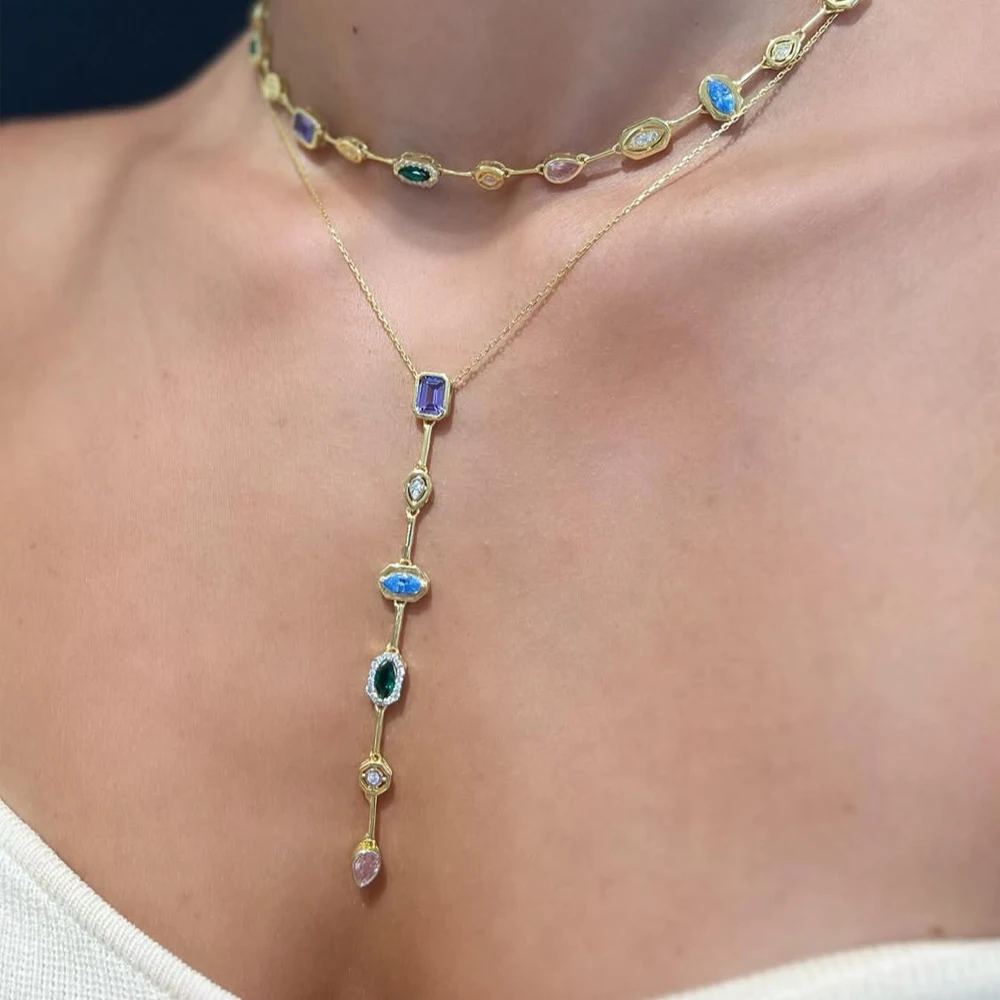 Stainless Steel Y-shaped Long Tassel Rainbow CZ Necklace For Women Fashion Colorful Zircon Pendant Jewelry Party Accessories