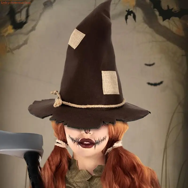 F92D Durability Costume Hat Felted Witch Hat Scarecrow Patches Hat Carnivals Hat
