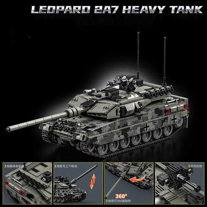 Militar ww2 leopardo 2a7 tanque pesado blocos de construção técnico merkava tanque batalha principal armas do exército tijolos brinquedo para crianças presente