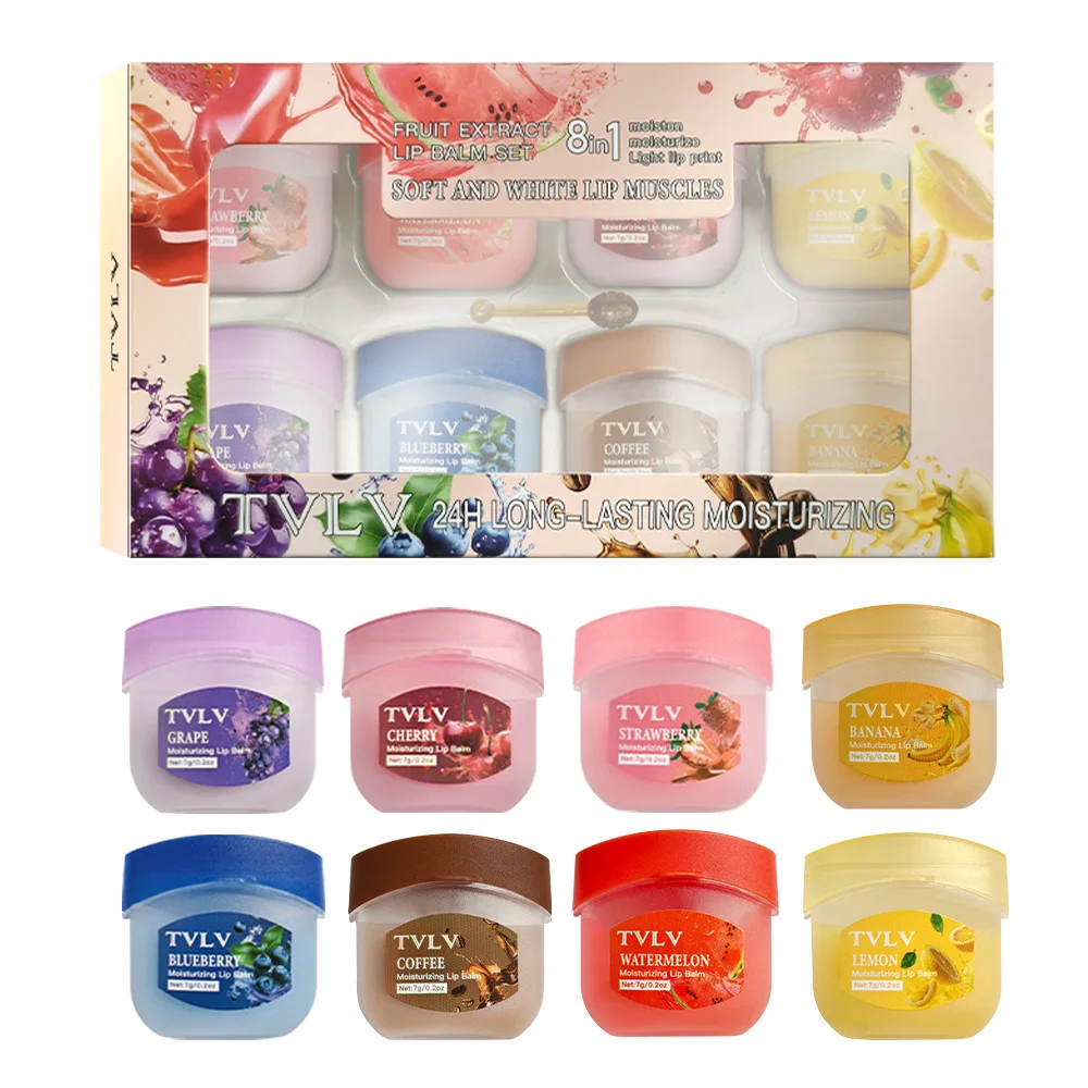 Set de 8 Bálsamos Labiales con Extracto de Frutas, Bálsamo Labial Hidratante de 24h para Labios Secos y Agrietados, Reduce las Líneas de los Labios, Labios Voluminosos y Brillantes