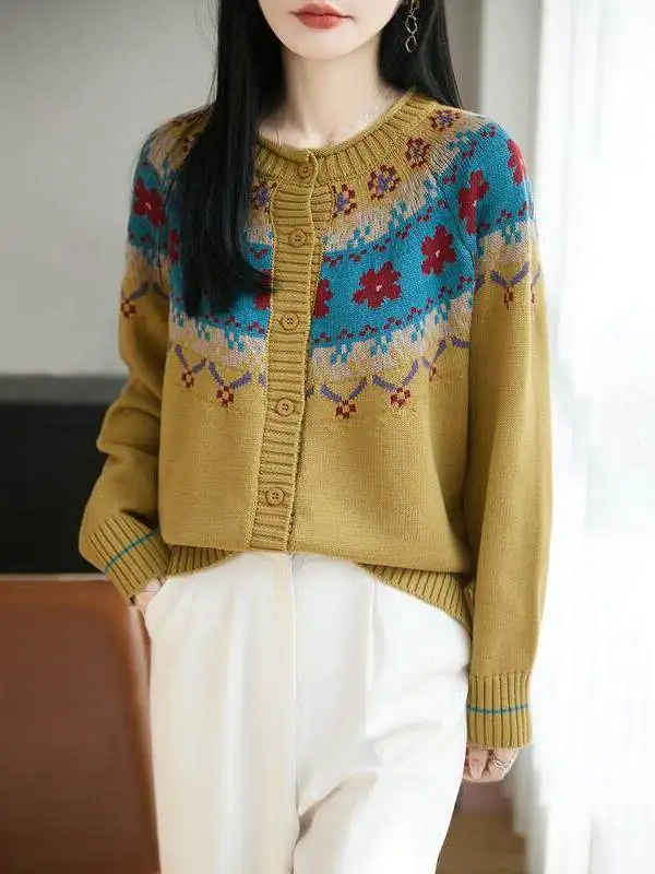 

Retro Sle Fair Isle Knitted Open Cardigan Women's Loose Fit Color Blo Thin Outerwear round Ne Long Sve Warmth