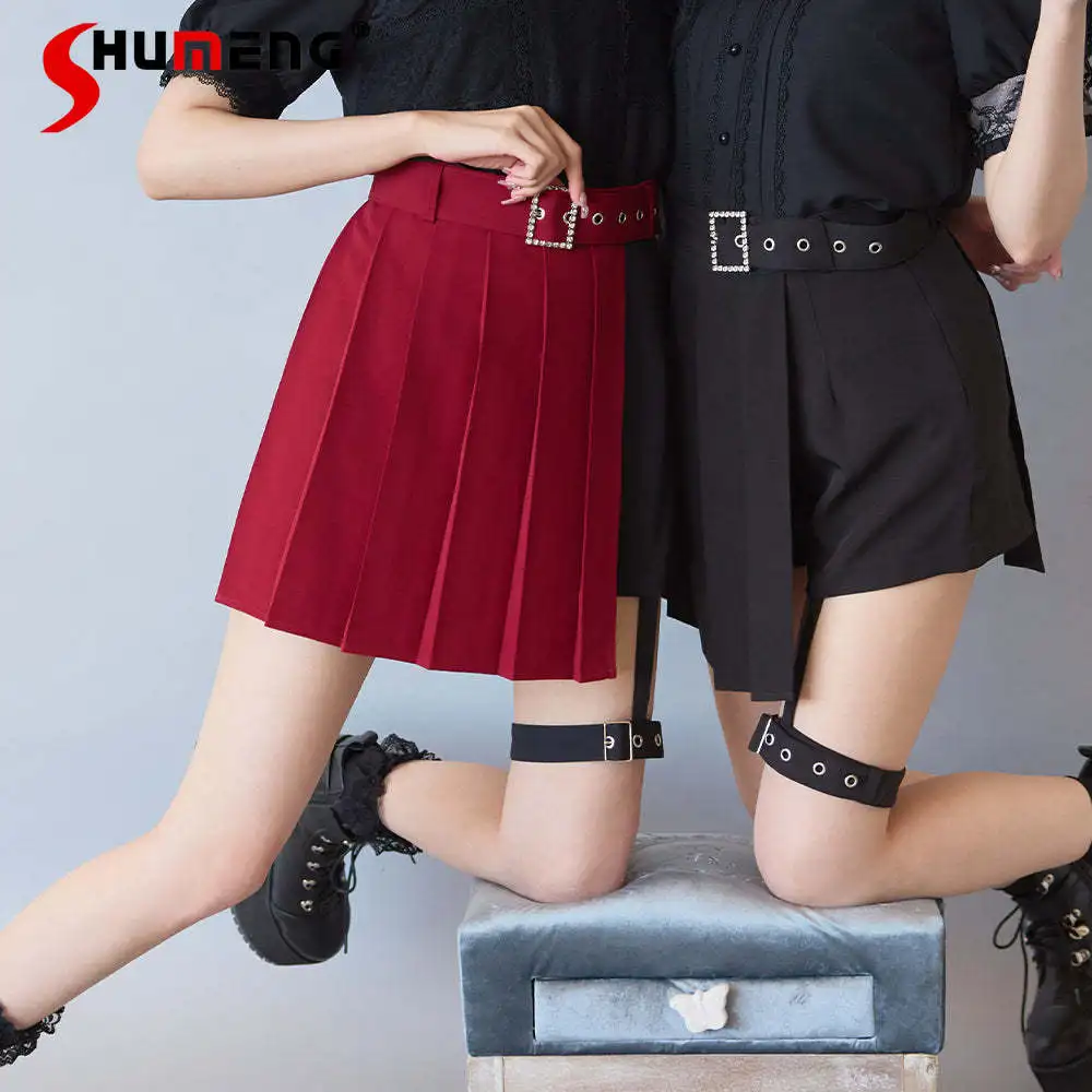 

Japanese Style Sweet Cool Heavy Industry Pleated Skirt with Belt Fake Two Items Irregular Culottes College Student Short Skirt