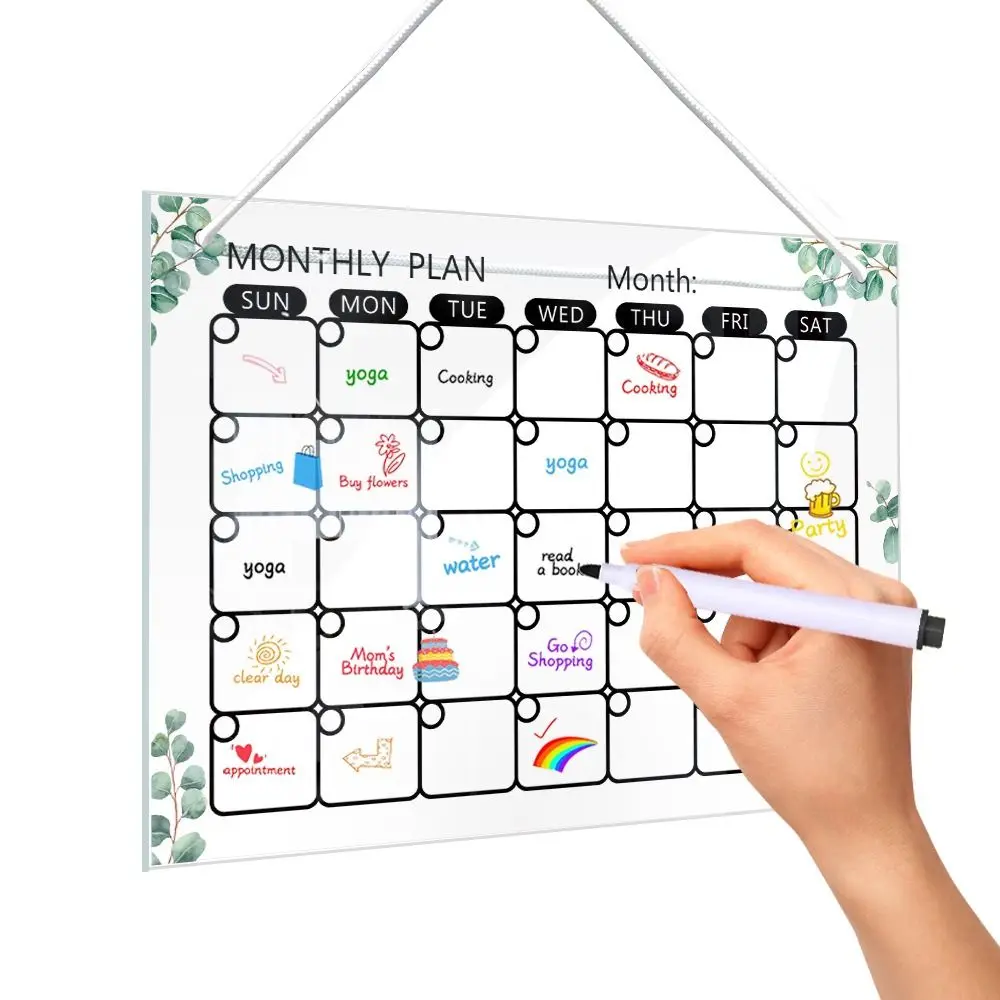 Creative Transparent Message Board Acrylic Wall Hanging Note Board Green Leaves Pattern Handwritting Erasable Whiteboard Tool