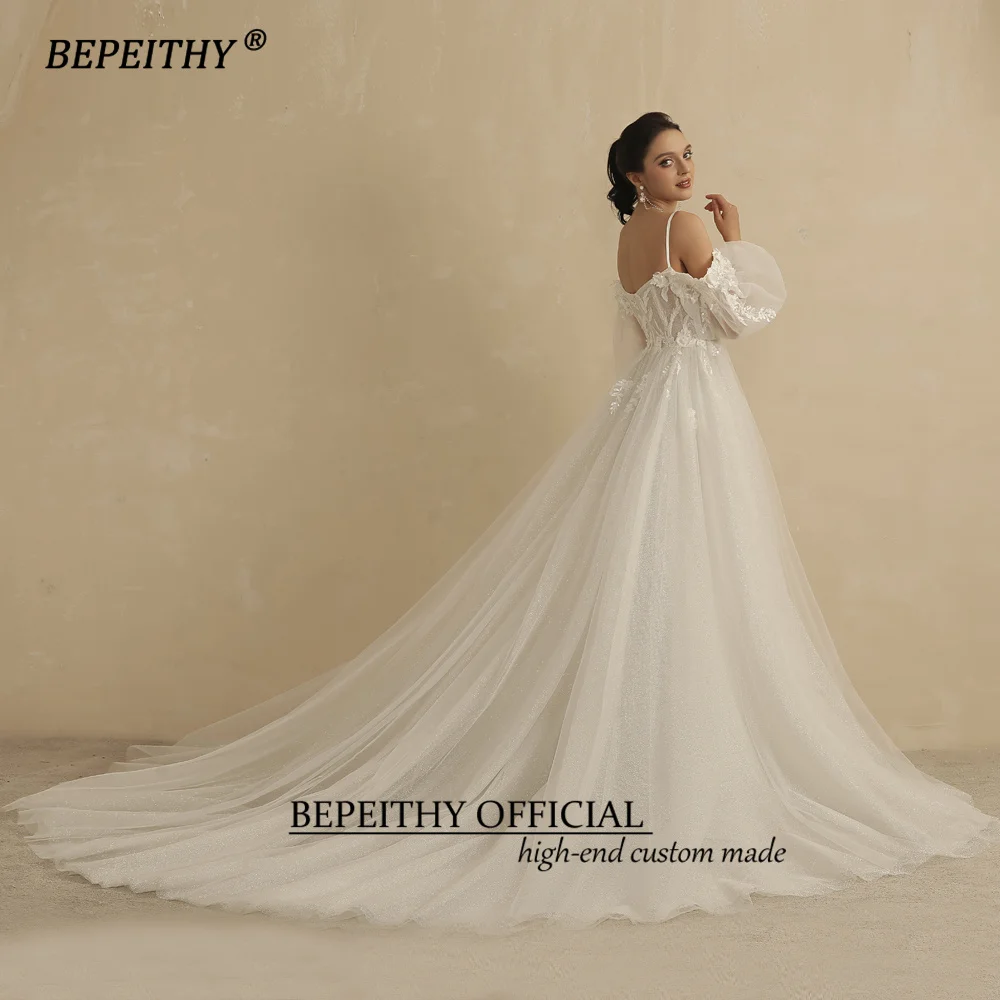 BEPEITHYCustomized Sweetheart Glitter A Line Wedding Dress For Women 2022 Bride Detachable Full Sleeves Bridal Party Gown Luxury