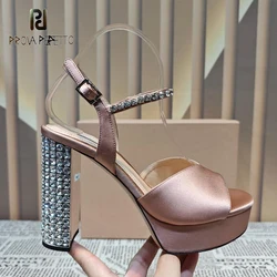 Bling Bling Crystal Chunky Heel Women Summer Sandal Shoes Gold Silver Rhinestone Ankle Strap Cross-straps Platform Wedding Shoe