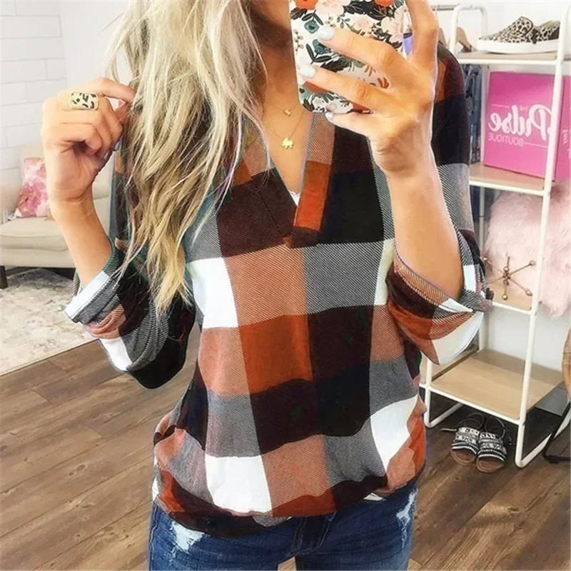 New Women's Plaid V Neck Long Sleeves Button Sleeves Micro Stretch Casual T-Shirt