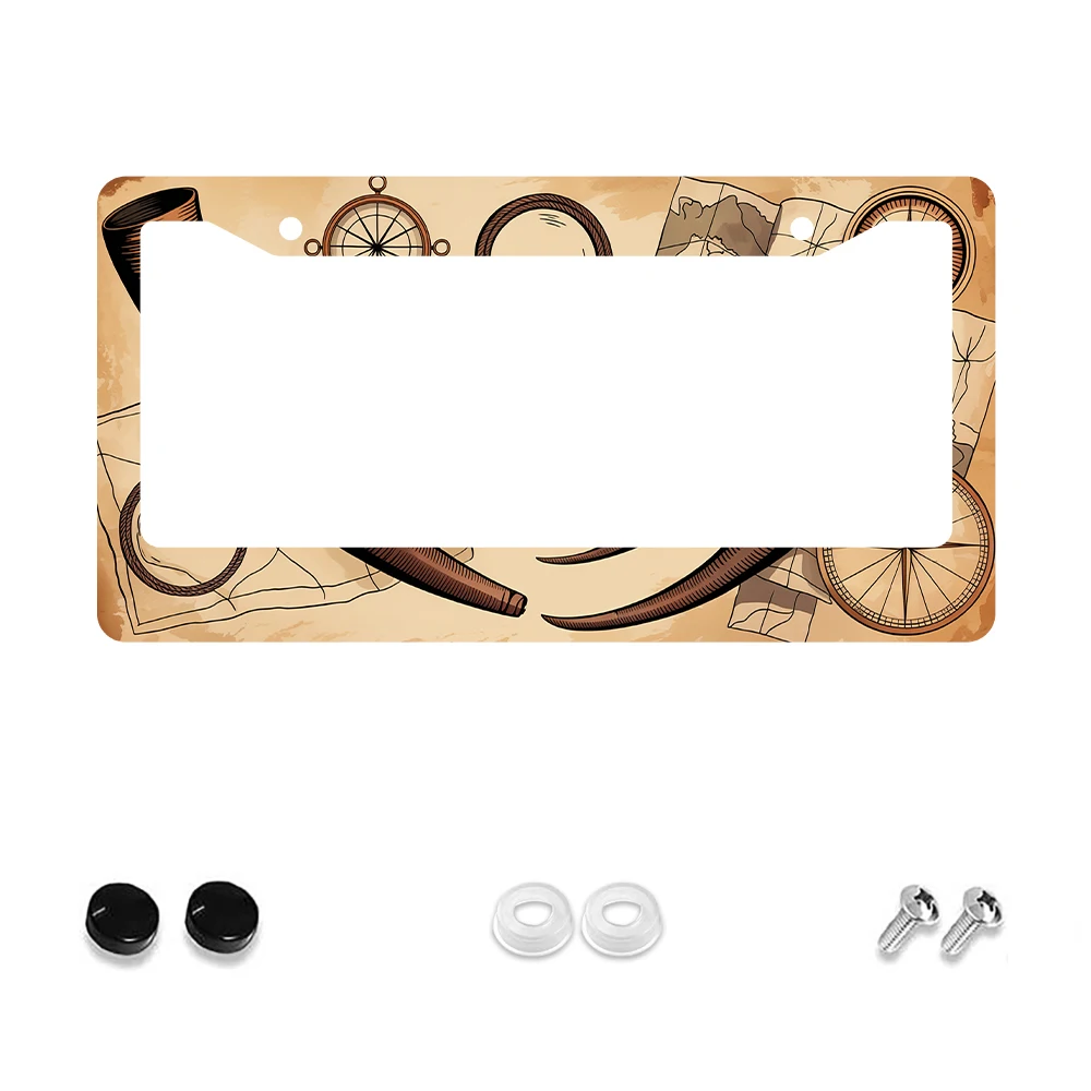 

1pc Retro Brown Compass Map Pattern 2-Hole License Plate Frame Aluminum Material 6x12 Inches with Screw Vintage Car Decoration
