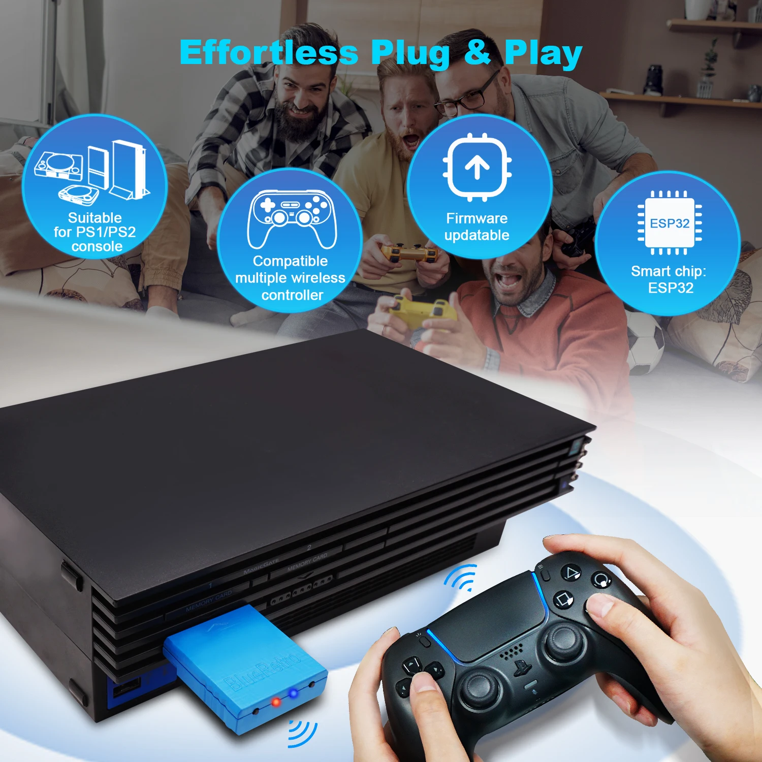 Adaptador de controlador sem fio multiplayer Blueretro para PS2 PS1 compatível com PS3 PS4 PS5 Switch XBOX One controle bluetoothadore