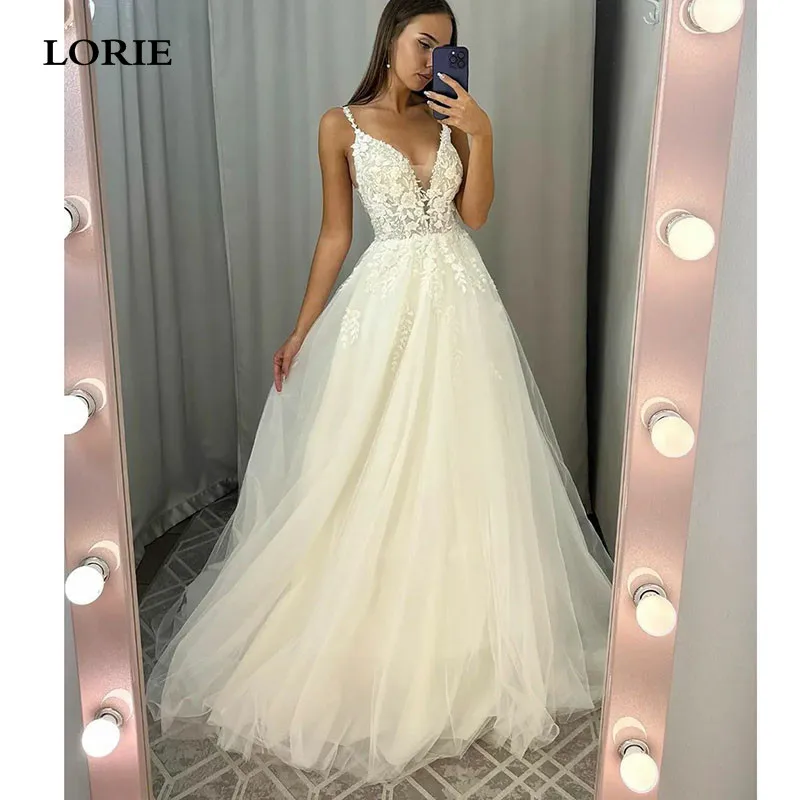 LORIE Lace Wedding Dresses A Line Spaghetti Straps Appliqued Lace Bride Dress Elegant Shiny Modest Bride Wedding Gowns 2024