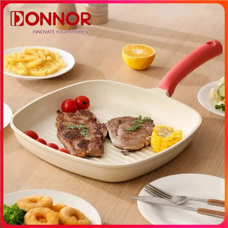 

DONNOR сковороды с антипригарным покрытием, сковорода для омлета, жареное мясо, рыба, керамическое покрытие, утолщенная сковорода против стейка, сковорода с ручкой для приготовления ожогов, кухонные принадлежности