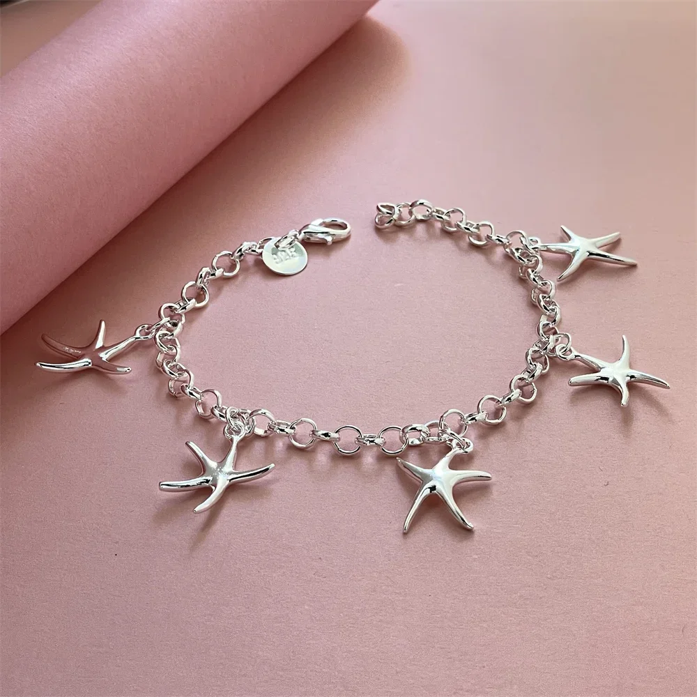 925 Sterling Silver Bracelet Starfish Charm Exquisite Women Fashion Wedding Party Gift Jewelry