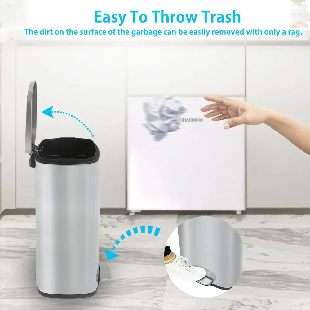 50-Liter-Küchen-Mülleimer aus Edelstahl mit Deckel, abnehmbarem Eimer, Fußpedal und Absenkautomatik für Heim- und Bürorecycling