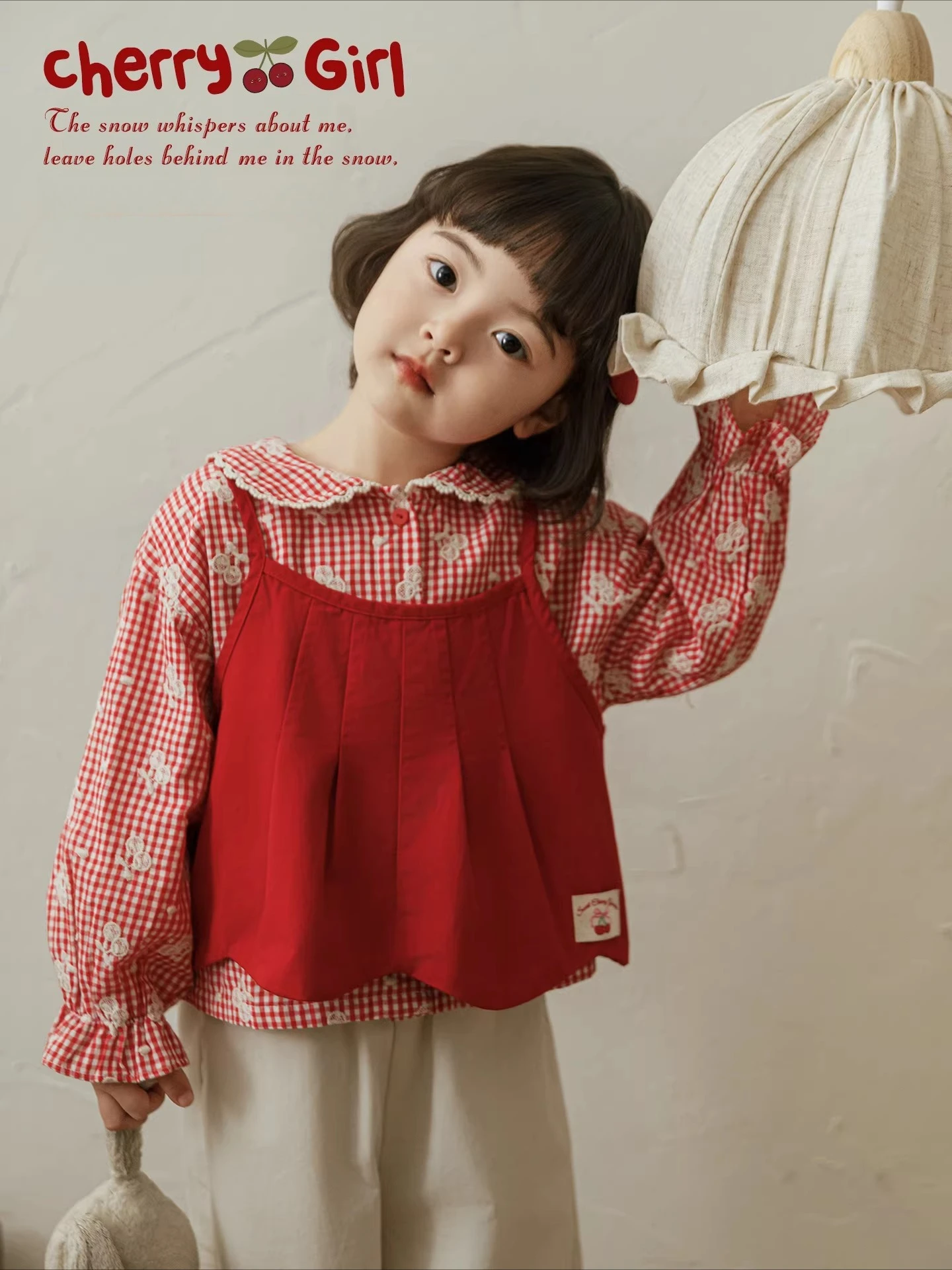 2026 Spring Girls Cherry Print Blouse Doll Collar Loose Jeans Vest Set Magic Play 3-12Y