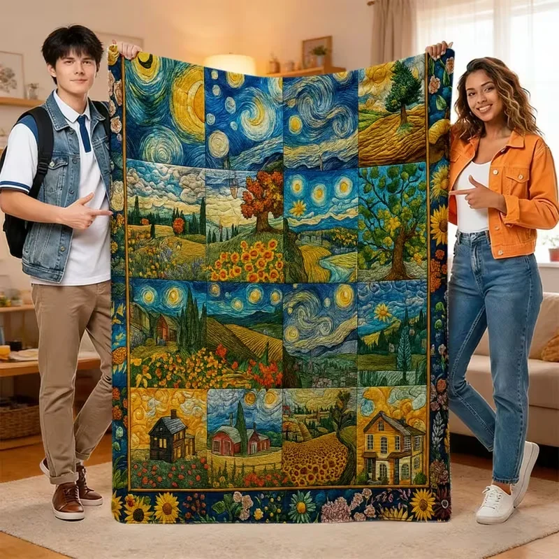 Van Gogh Starry Night Inspired Flannel Blanket Digital Print, Warm & Cozy Polyester Throw for Home Decor Blanket
