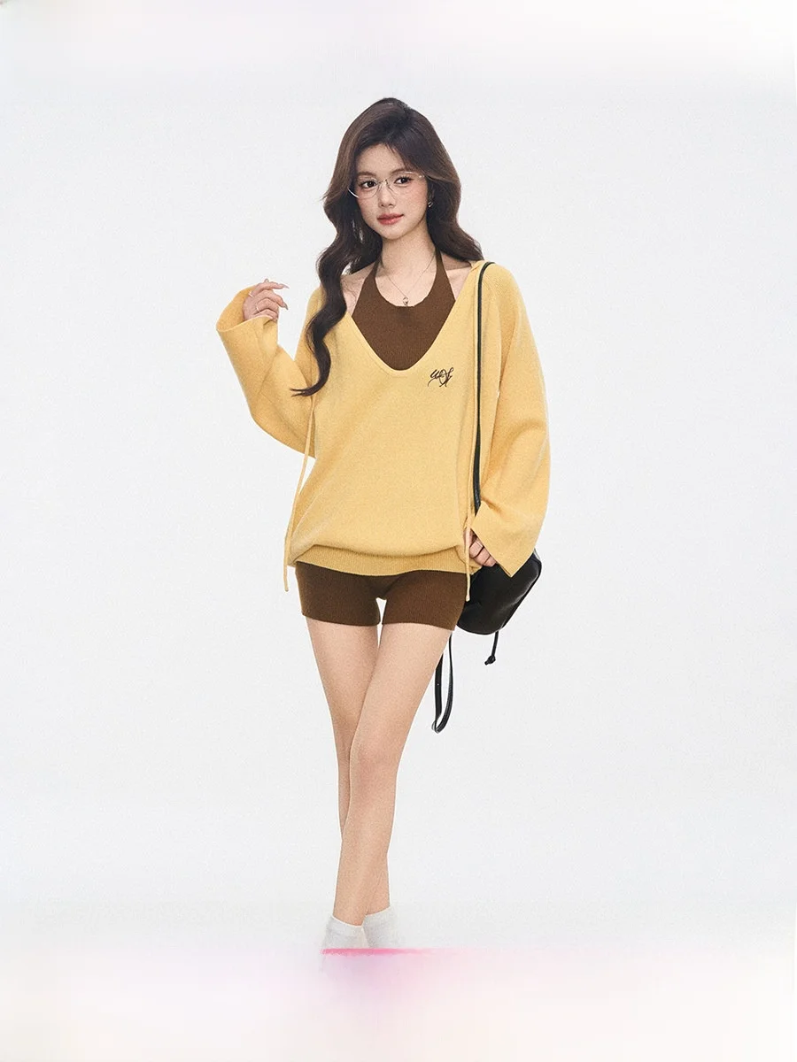 

Комплект Westayone: корейский вязаный худи и шорты для женщин, свободный крой, повседневный стиль, высокая эластичность, весенняя коллекция