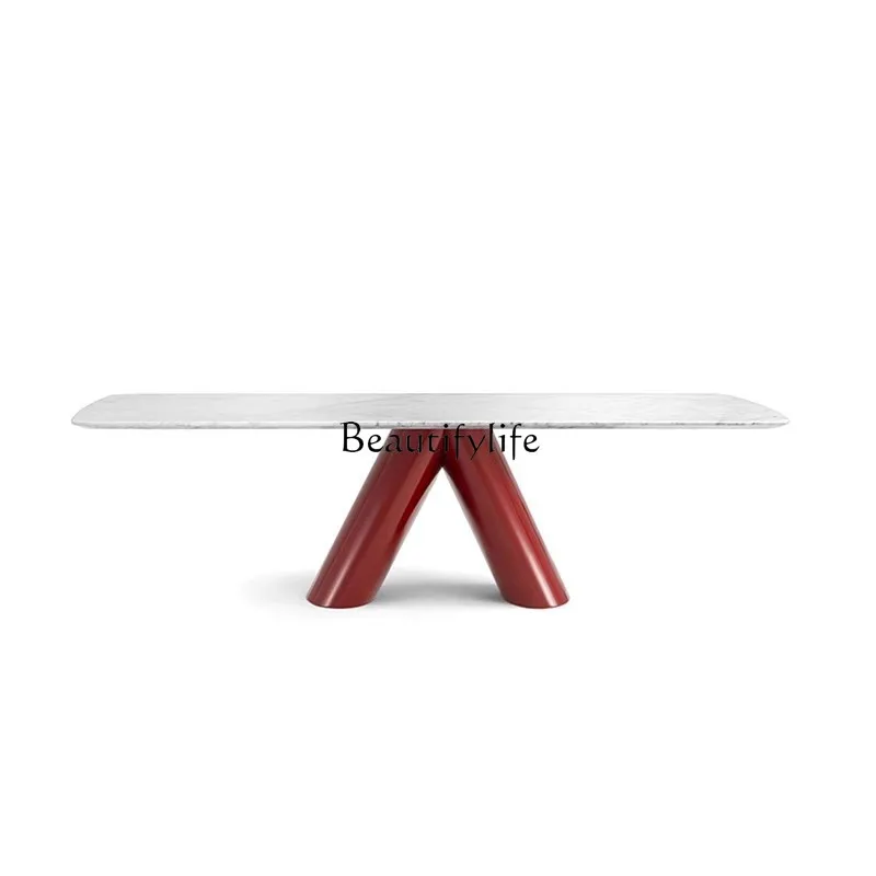 

Kari ice jade marble dining table stainless steel red high-gloss paint