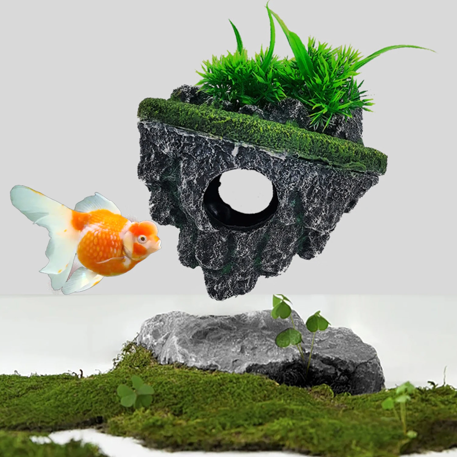 Aquatic Landscape Simulation Floating Island Realistic Stone Cave Ornament with Climbing Platform Pond Fish Tank Aquarium Decor