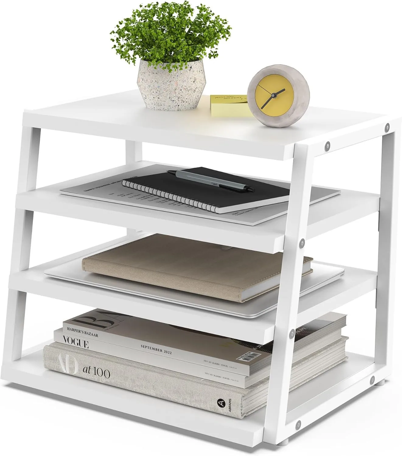 

4-Tier Desk Shelf Organizer - Wood & Metal Corner File Storage for Office Suppli