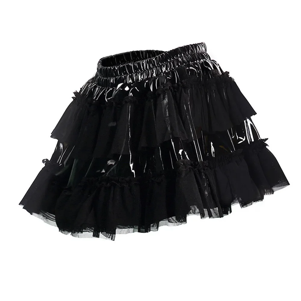 Mesh Patchwork PU Leather Ruffled Mini Skirts for WomenRave Party Pole Dance Clothing Clubwear Nightwear