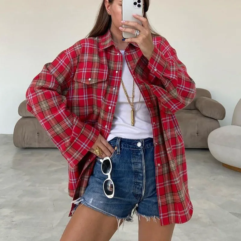 

Trendix Fall Plaid Cardigan Shirts For Women 2025 New Street Casual Loose Long Sleeve Long Coats Autumn Basic Commuting Jacket