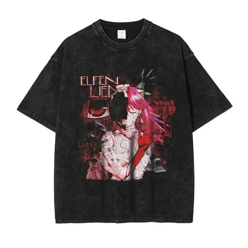 Elfen Lied Lucy Anime Graphic T-shirt Vintage Washed Anime Merch Harajuku Unisex Oversized Crew Neck Cotton Short Sleeve Tee Top